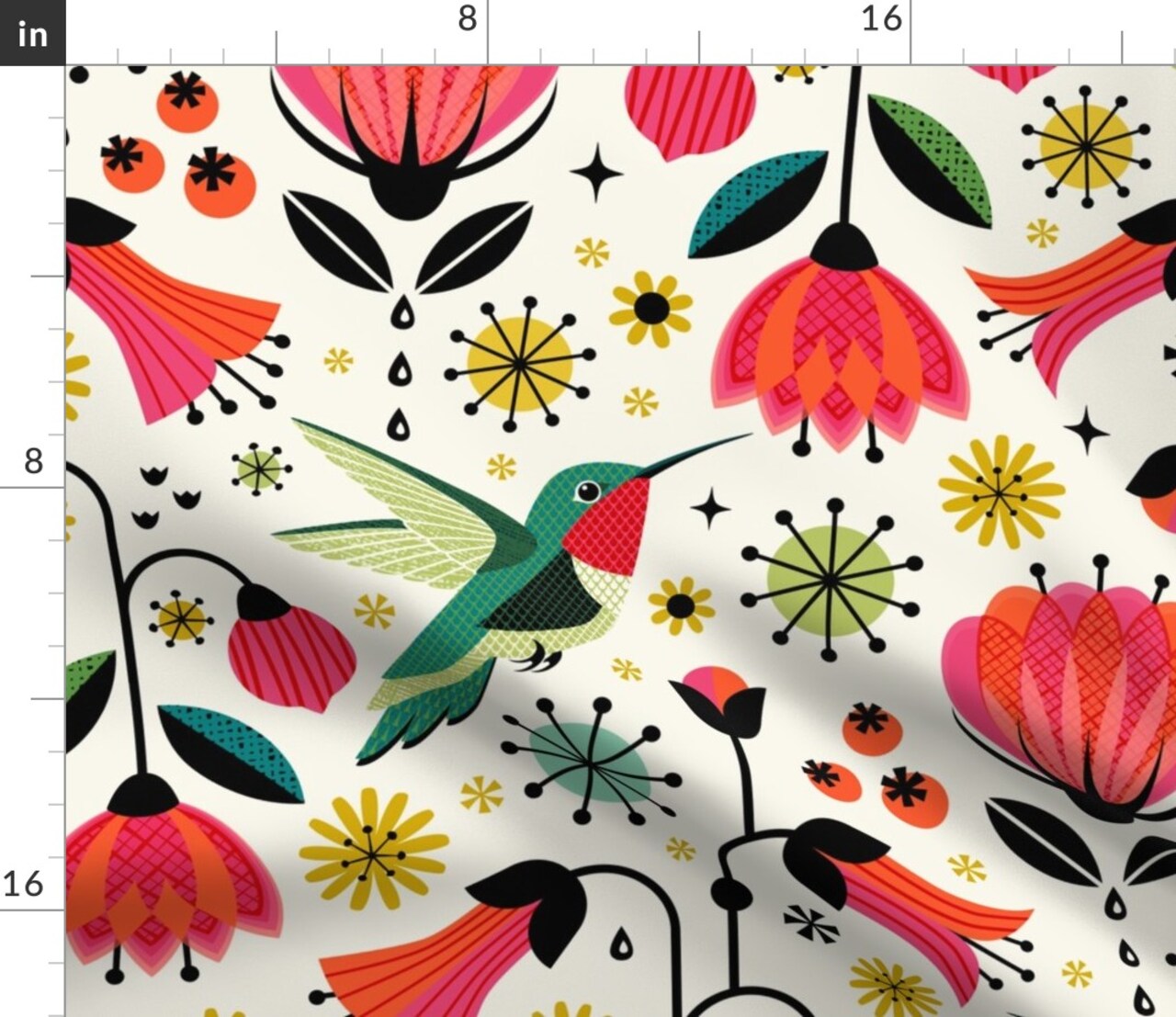 Hummingbird Vintage Flowers Floral Retro Mod Mid Century Scandi Red Yellow Green Custom Printed Fabric by Spoonflower Various Fabrics by the Yard or Fat Quarter